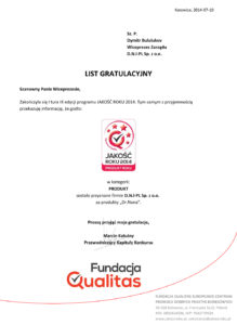 Certyfikat jakość roku 2014